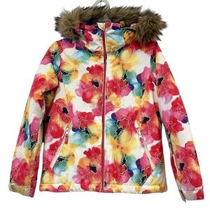 Roxy Girls Dry Flight Floral Winter Snow Coat With Faux Fur Hood Size 10 Medium